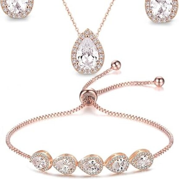 Cubic Zirconia Gold Teardrop Necklace, Earrings & Bracelet Jewelry Set for Bride - Picture 1 of 7